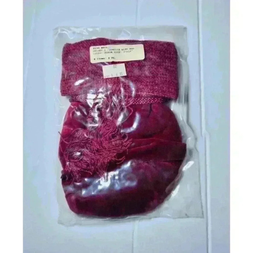 Vintage Velvet & Chenille Wine Bag Gift Bag‎ Burgundy 7”x14” Original Packaging